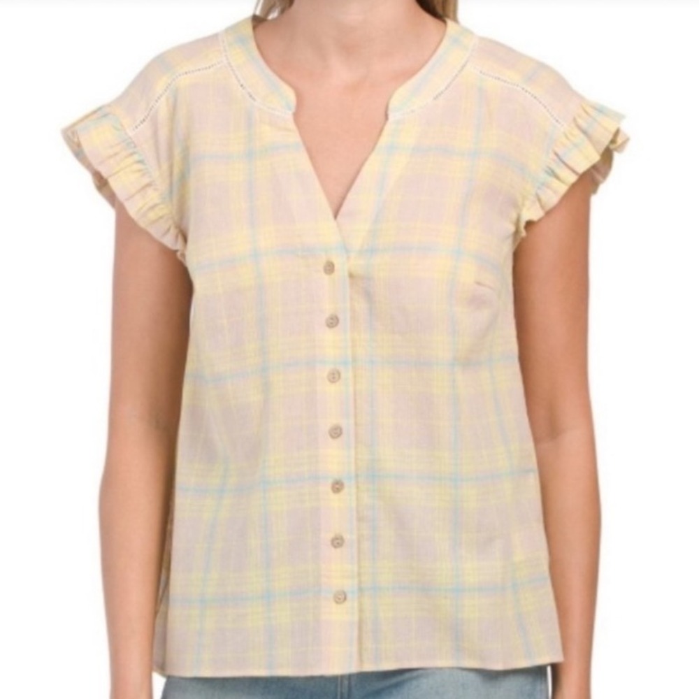 Democracy Blouse 1X Yellow Plaid Ruffle Cap Sleeve Button Front Cottagecore